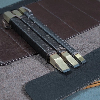 3pcs Hand Tools Tungsten Steel Carving Set Seal Stone Leather Handle Bag