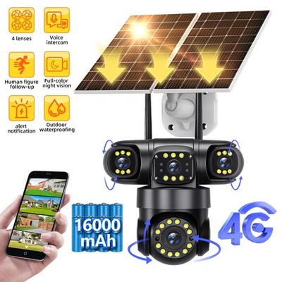 16MP 4G SIM Solar Security IP Camera Outdoor 4 Lens PTZ CCTV Motion Detection US