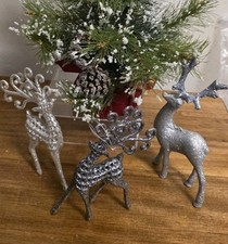 Set/3 Glitter Deer Christmas Ornament Silver Reindeer Holiday Decor Retro 6"-8"