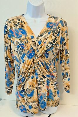 Reba Multicolor Print Embellished Stretch Liquid  Knit Knotted V-Neck Top - Med