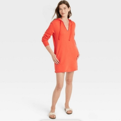 Universal Thread Small Orange Long Sleeve Hooded Sweatshirt Mini Dress V-Neck