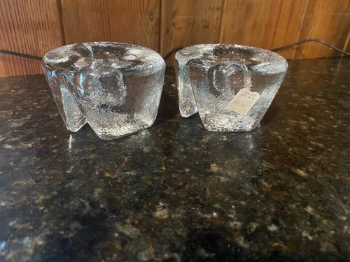 Vintage Pair Blenko Glass Clear Molar Tripod 990B Candle Holder VG - Uranium
