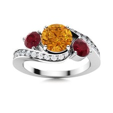 5MM Round Citrine  Ruby 925 Sterling Silver Three Stone Women Wedding Ring