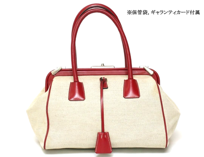PRADA Clasp Boston Bag Handbag Canvas Leather Ivory Red Used 