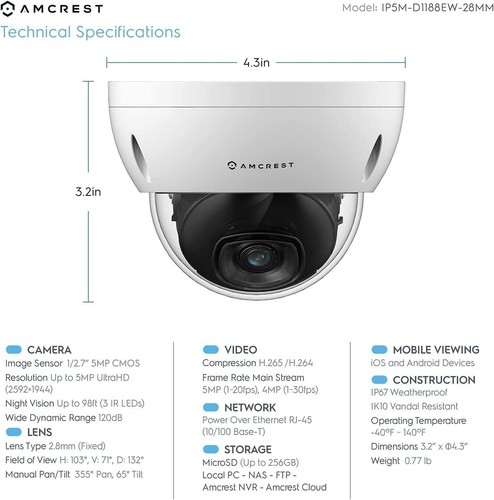 Amcrest 5MP PoE IP Dome Kamera - Outdoor, Nachtsicht 30m, MicroSD / Cloud / NVR - Bild 3 von 6