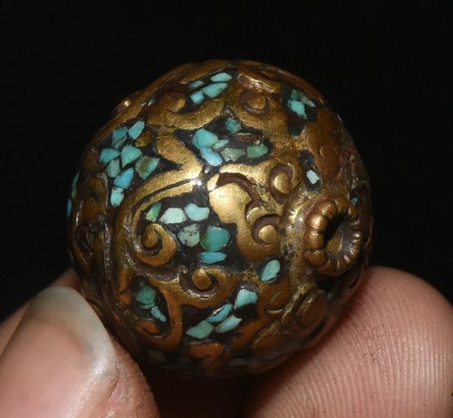 2CM Old Collection Tibet Bronze Inlay Turquoise Exorcize Ball Amulet Pendant - Picture 7 of 9