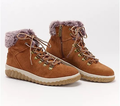 Muk Luks Boots Hiking Walker Chestnut Suede Lacce Up Faux Fur Trim Size 9.5 New