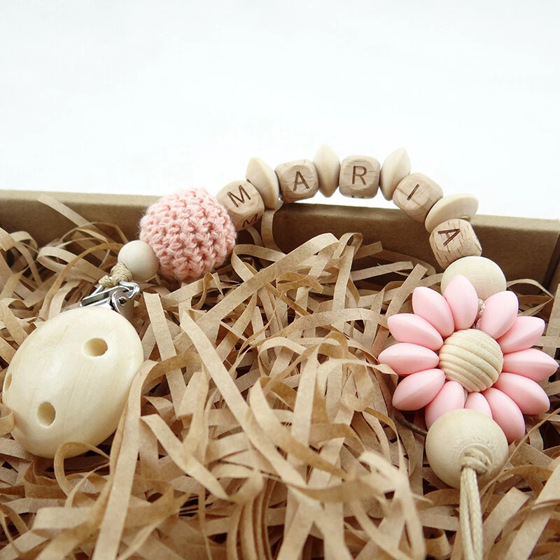 Schnullerkette mit Namen Blume aus Silikon Natur Holz Junge & Mädchen Geschenk ♥ - Bild 3 von 4