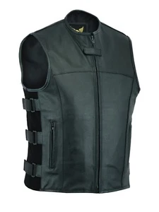 Men SWAT Black Tactical style Biker Leather Waistcoat Motorcycle Club Vest