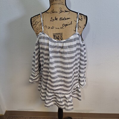 BeachLunchLounge Lexi Cold Shoulder Grey Striped Blouse Top Cotton Beachy Size S