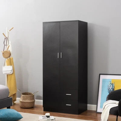 PANANA Bedroom Furniture 2 Door Wardrobe Matt Black Storage With Shelf Hanging Rail UK
