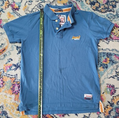 SUPERDRY Brand Polo Men's Size SMALL Blue British Design Spirit of Japan stained