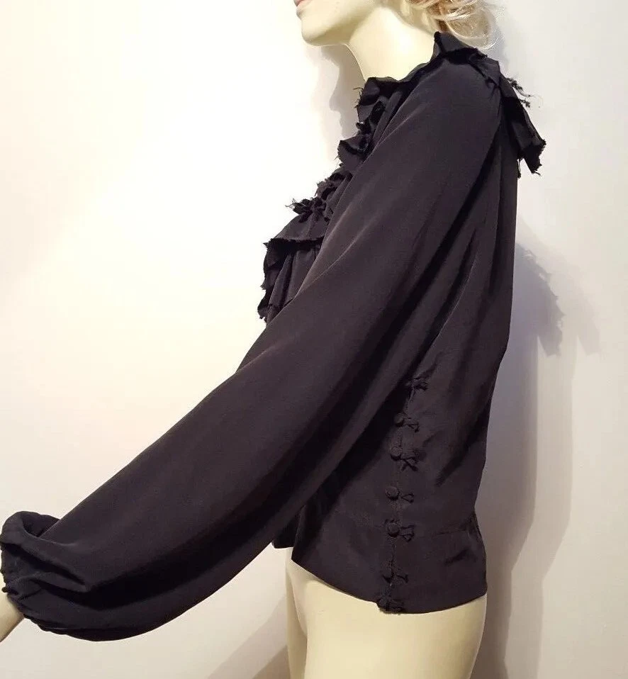 Hazel 棕色黑色丝绸衬衫 L 码流苏农民袖子全新带标签! 345 美元! — 第 4/4 张图片