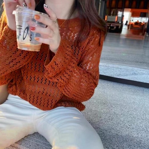Solid Sexy Hollow Out Knitwears Sweaters for Women Long Sleeve Knitted Pullover - Picture 6 of 13