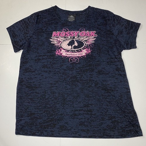 Mossy Oak Shirt Women's T Shirt Blue Camouflage Pink Logo Hunting XL XG 16-18 - Picture 11 of 11