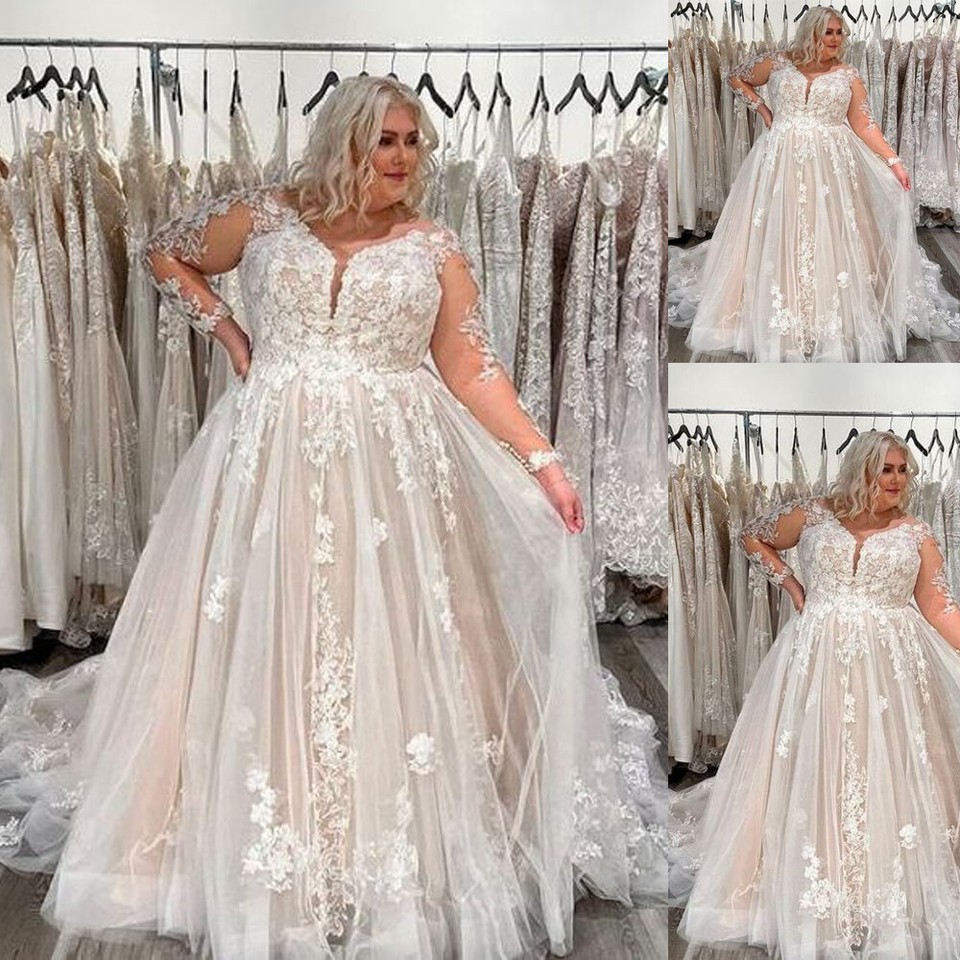 V-Neck Sleeveless Plus Size Wedding Dresses Sweep Train Appliques Lace