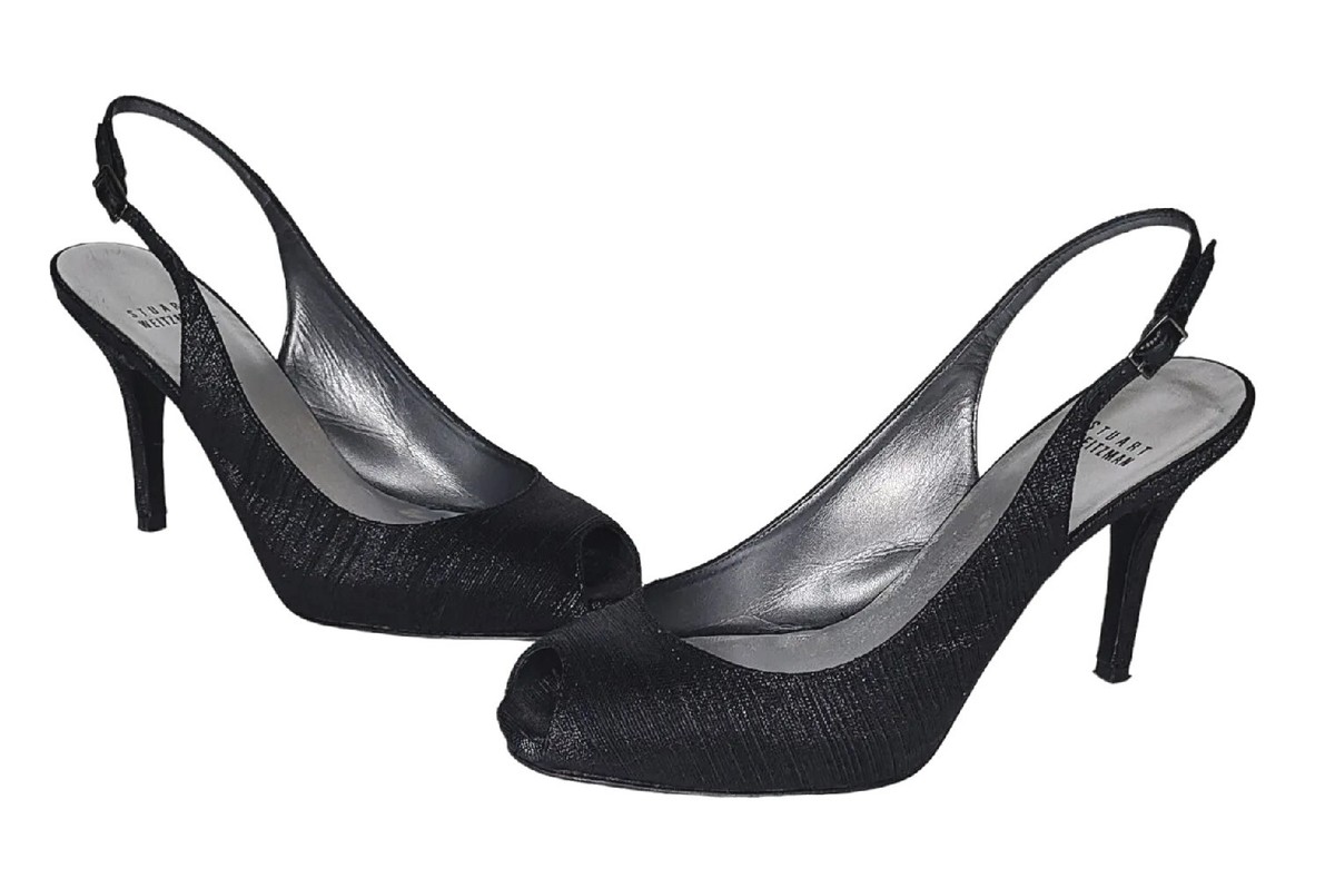 パンプス Stuart Weitzman STUART75SLINGP Pumps Slingback In Lurex STUART WEITZMAN Black Lurex Peep Toe Slingback Pumps Sz 9.5