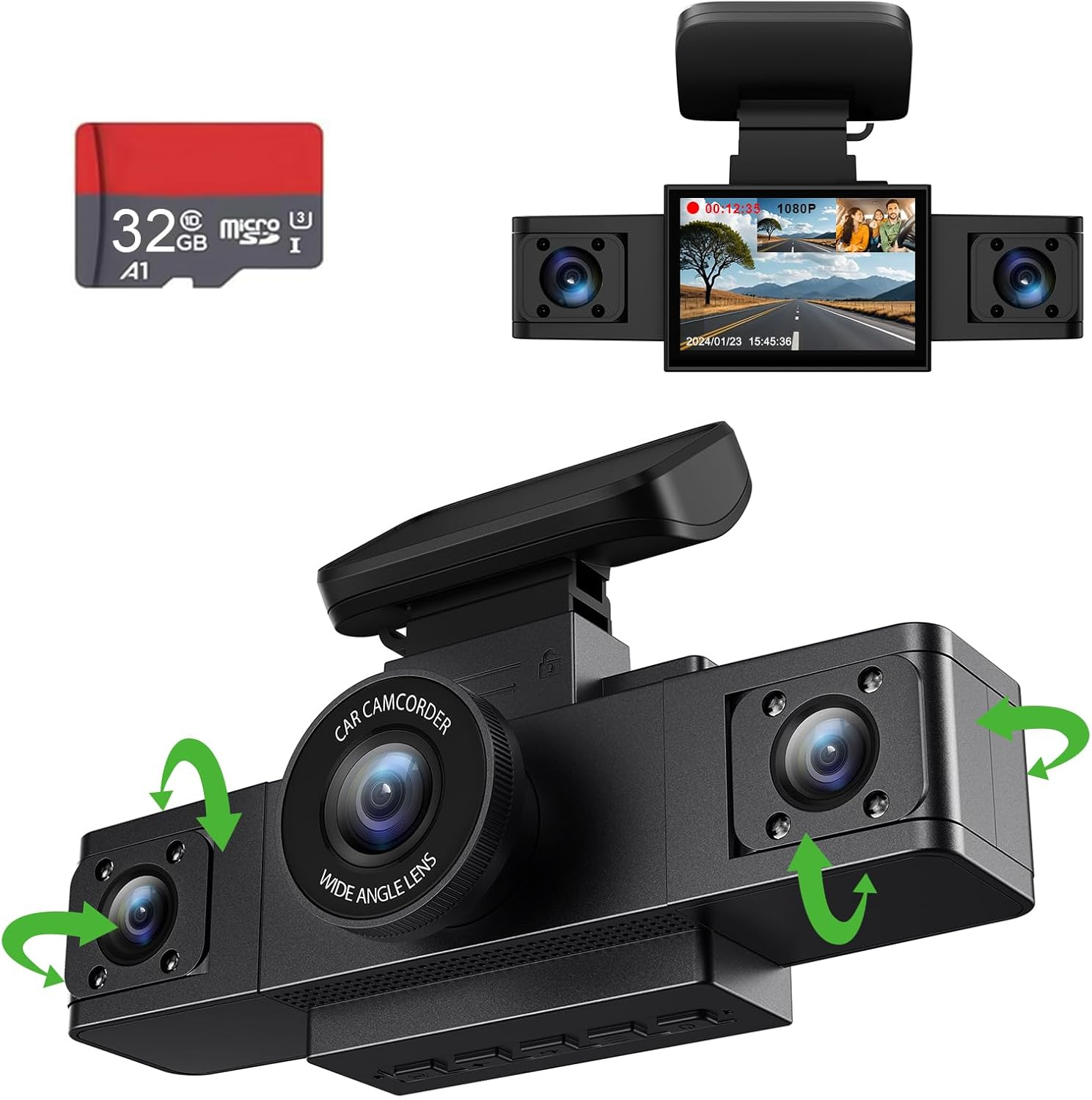 3 Channel 1080P Dash Cam Front and Interior with Free 32GB Card