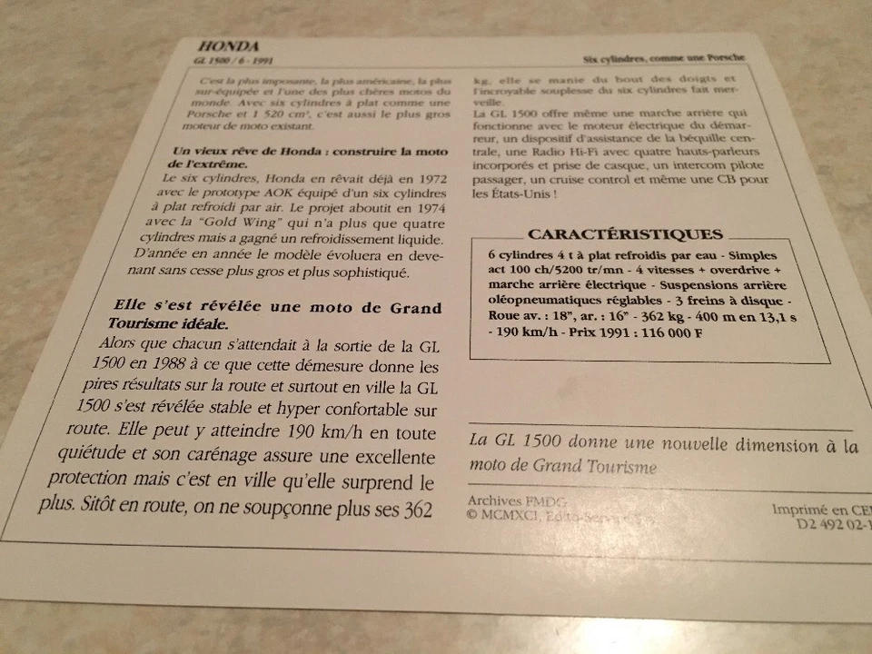 Tarjeta Moto Honda Gl 1500 Dorado Wing GL1500 1991 Colección Atlas Moto Japón - Imagen 2 de 2
