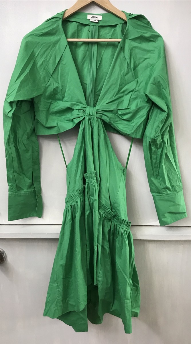 Jason Wu Cutout Waist Long Sleeve Deep Plunge Green Dress Size M Medium NWOT