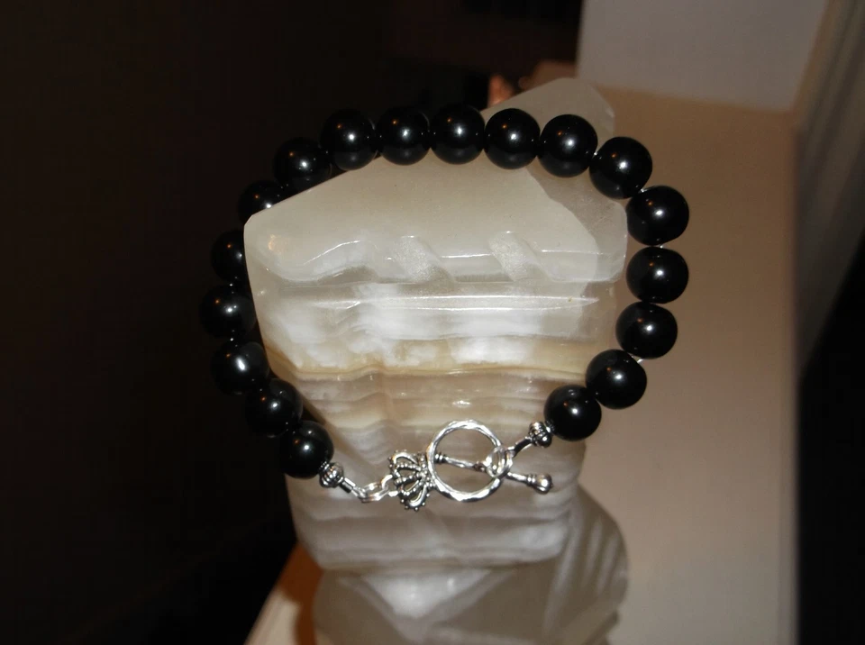 PULSERA HOMBRE HECHA A MANO 8 1/2" 10MM ÁGATA NEGRA ÓNIX CUENTAS Foto 3 de 4