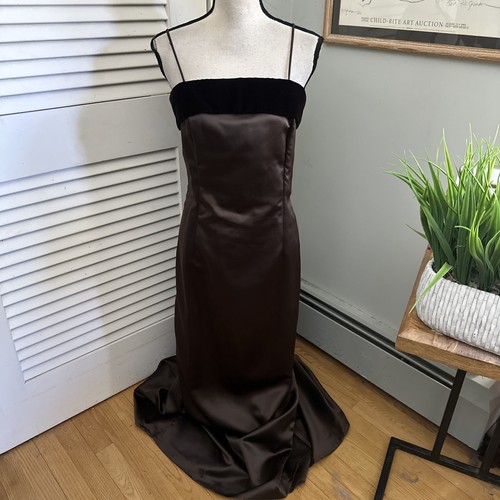 Vintage Dave & Johnny Dress 14 Brown Satin Gown Retro 90s Minimalist Glam