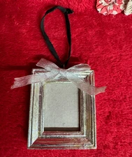 Small Rectangle Silvertone Photo Frame Ornament w little glittery ribbon on top