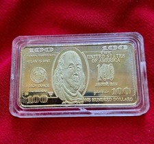 Atlantis Mint Benjamin Franklin 1 Troy Ounce Gold Bar 999 Fine $100 Bill Design