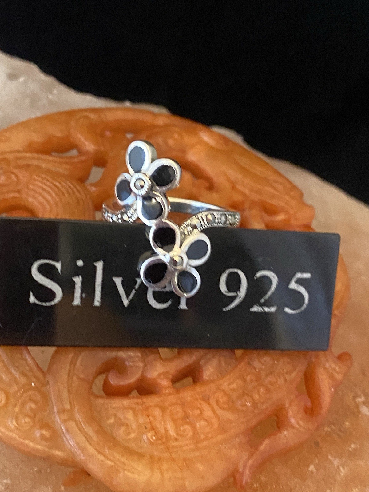 Statement Solid Silver Flower Ring Marcasite And Black Enamel