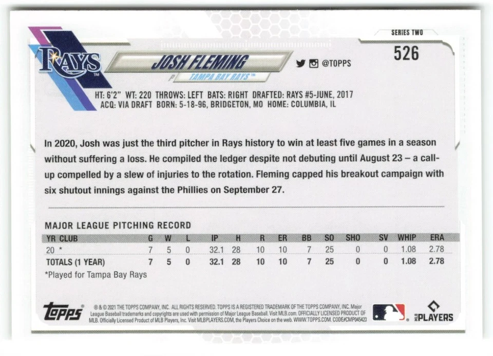 2021 Topps Josh Fleming RC Tampa Bay Rays #526 - Image 2 of 2