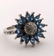 Vintage Blue Flower Ring Silver Tone Sunflower Zinnia Sparkly Fun Size 7.75