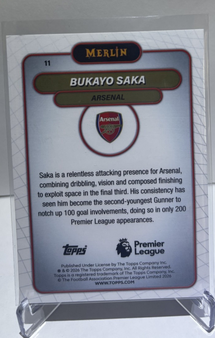 2026 Topps Merlin Premier League Bukayo Saka VHS Refractor Arsenal #11 view 2