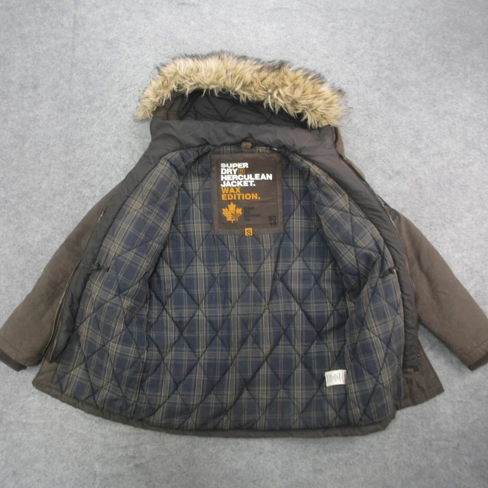Superdry Herculean Jacket Wax Edition Mens Small Brown Fur Hood Parka Coat - Image 4 of 4