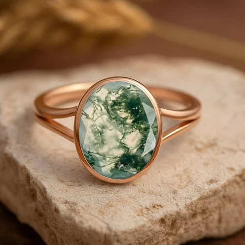 Oval Cut Solitaire Moss Agate Split Band Ring In 925 Silver Nature Inspired Ring