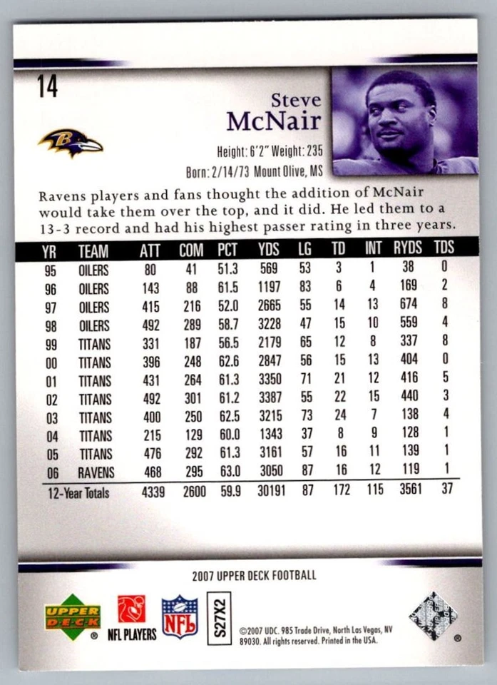 2007 Upper Deck Steve McNair Baltimore Ravens #14 - Изображение 2 из 2