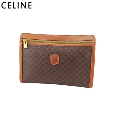 CELINE Authentic Macadam Clutch Brown Beige PVC Leather Vintage Gold HW