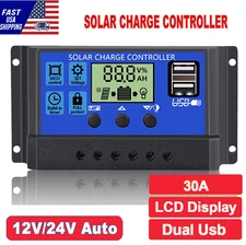 30A Solar Panel Battery Charge Controller 12V/24V LCD Regulator Auto Dual USB US