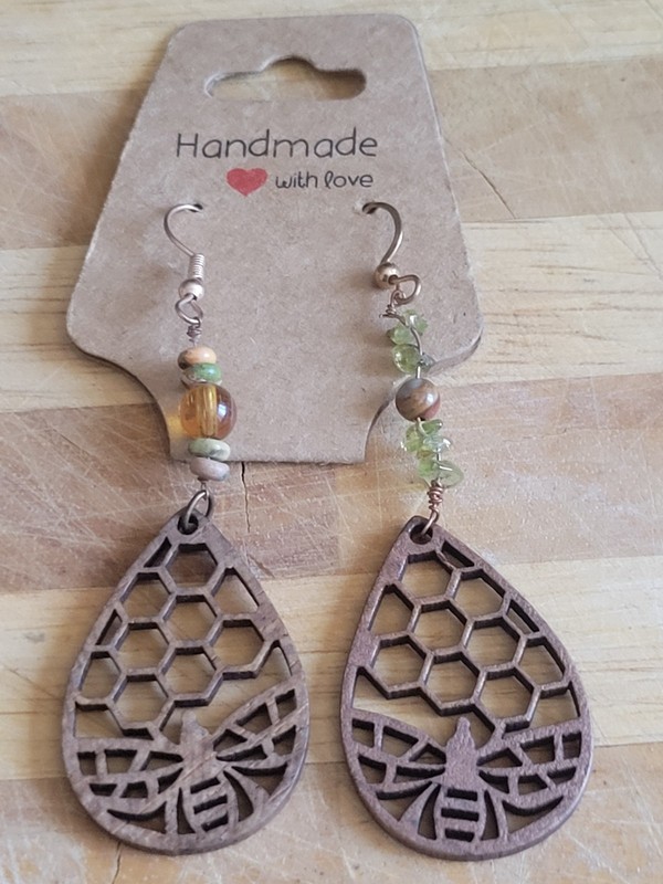 Handmade Carved Wooden Honeycomb and Crystal Earings Dangle Earrings