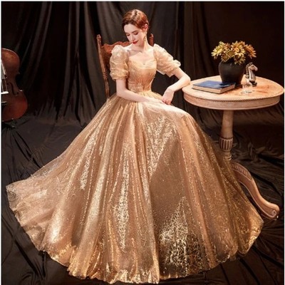 Golden Sparkling Evening Dress with Sweet Bubble Sleeve Cinching Party Prom Gown