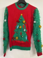 33 Degrees Women's Ugly Acrylic Christmas Sweater Christmas Tree Real Bells Sz S