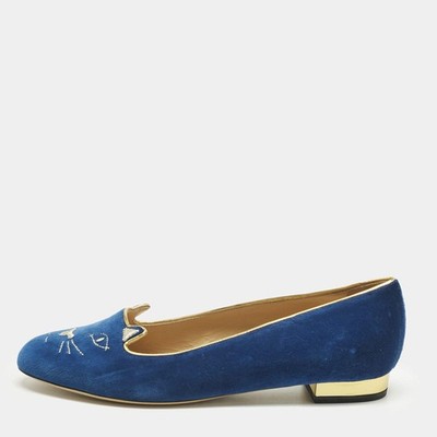Charlotte Olympia Navy Blue Velvet Kitty Ballet Flats Size 40 | eBay
