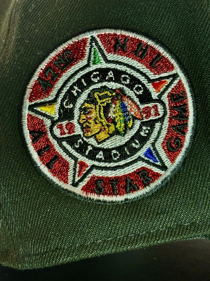 Chicago Blackhawks Hat Club 59FIFTY 1991 All-Star parche rosa UV 7 3/8 raro 🔥 Foto 2 de 4