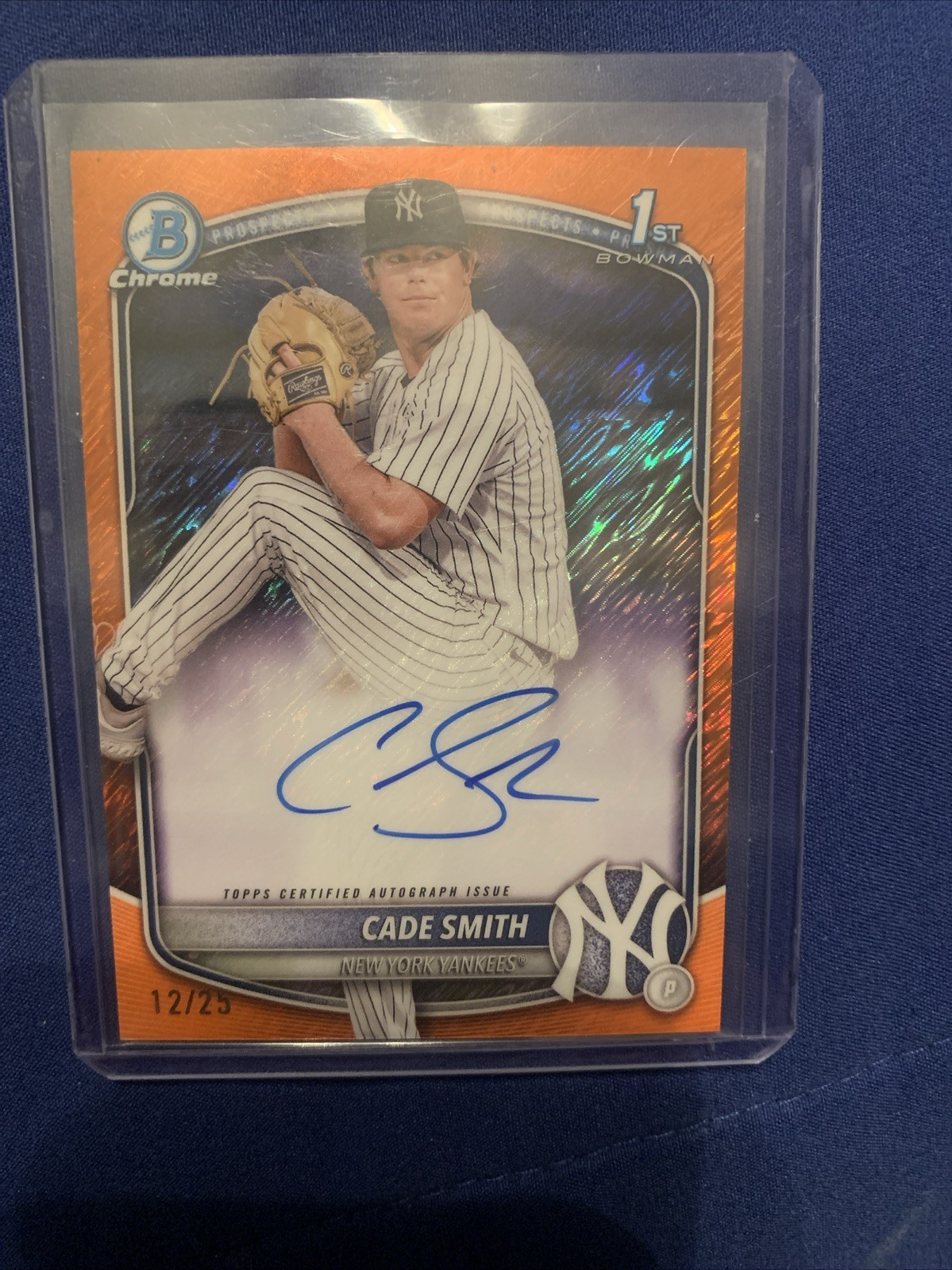 2025 Bowman Chrome Cade Smith 1st Bowman Orange Shimmer Auto /25 Yankees