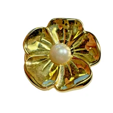 Foral Flower Round Signed Scarf Clip ADG Gold Tone Vintage Faux Pearl