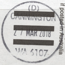 CANNINGTON (D), WA 6107 complete circular postmark dated 27 MAR 2018