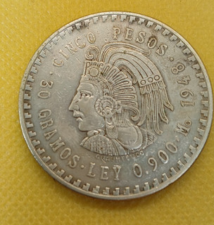 1948 MESSICO Azteco IMPERATORE CUAUHTEMOC Aquila GRANDE 0 86 oz moneta argento 5 peso