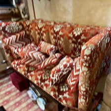 Red & White Floral Fabric 3-Seater Sofa Brown Frame 210 x 90 x 90cm
