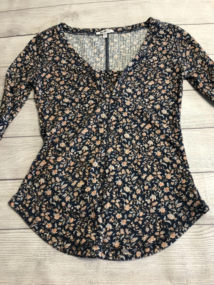 Camisa Floral Manga Larga Mujer Mediana Azul Cuello en V Con Cordones Boho Tejida Informal Foto 4 de 4