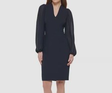 Vince Camuto Womens Blue Balloon Sleeved Mixed-Media Dress Size 2