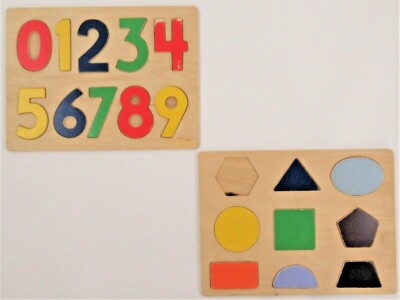 LOT of 2 ~ Wooden Numbers and Shape Puzzle Toy for Toddlers for Kids 12'' x 9''